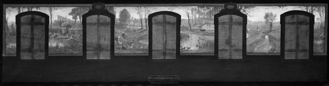 Schets voor het stadhuis van Fresnes: De oevers van de Bièvre. Fresnes. Aan de oevers van de Bièvre. De wasvrouwen. Bloemzevers. De pachtboerderijen. De bietenoogst door Jean Joseph Enders