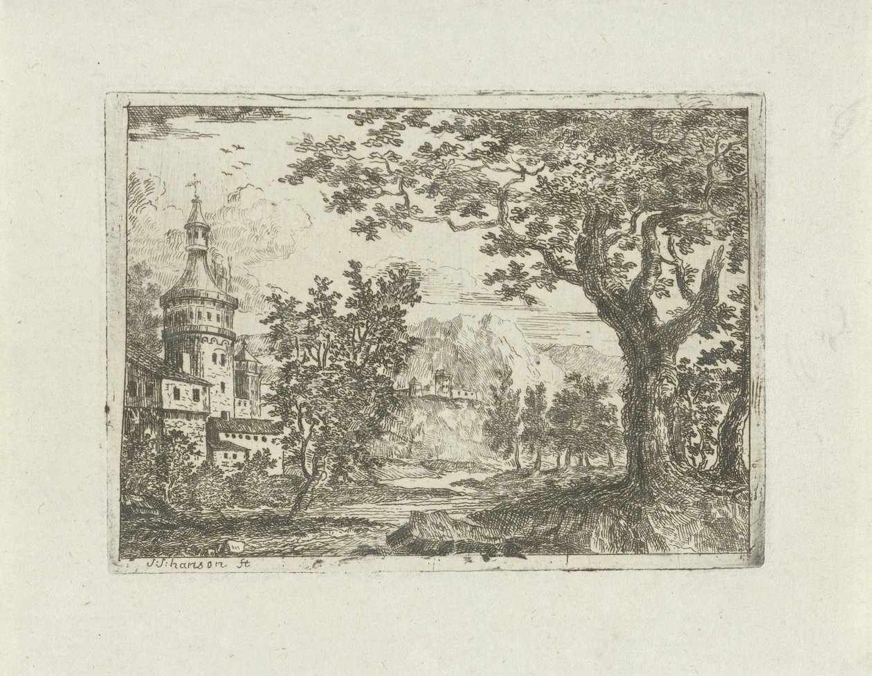 Landschap met ronde toren door Jean Joseph Hanson