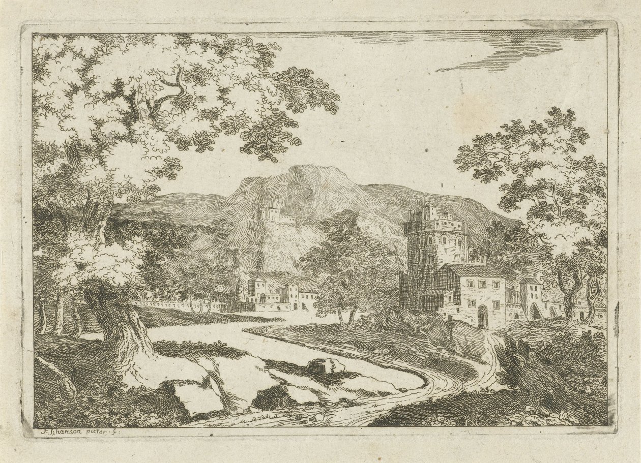 Rivierlandschap met huizen en torens door Jean Joseph Hanson