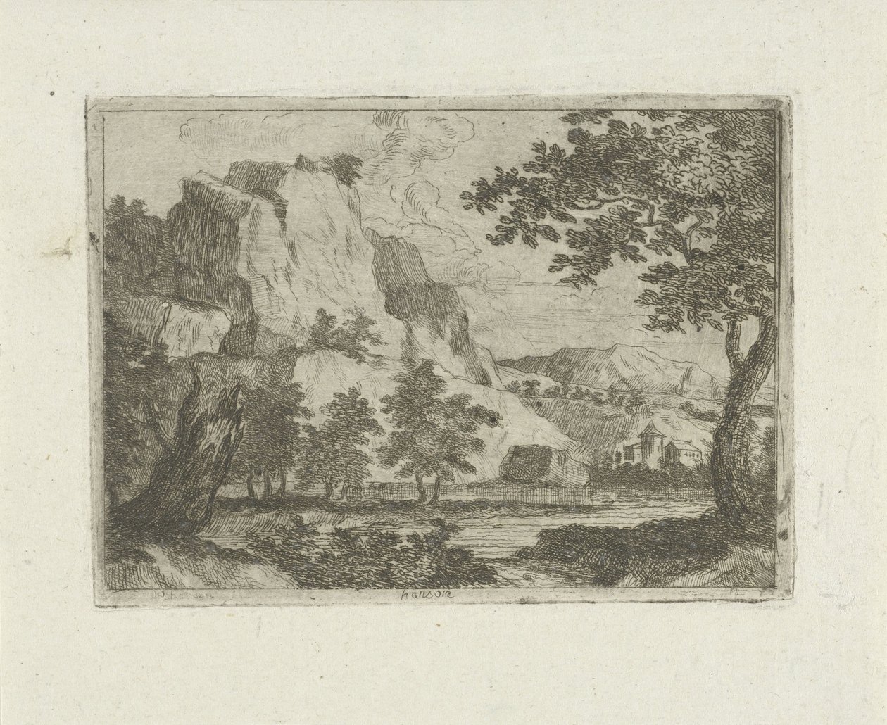 Rots in een rivierlandschap door Jean Joseph Hanson