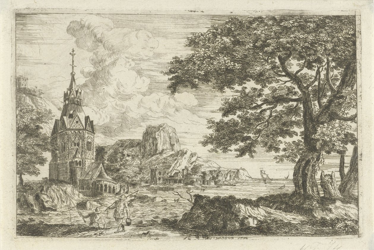 Vissers bij een kerk aan een kust door Jean Joseph Hanson