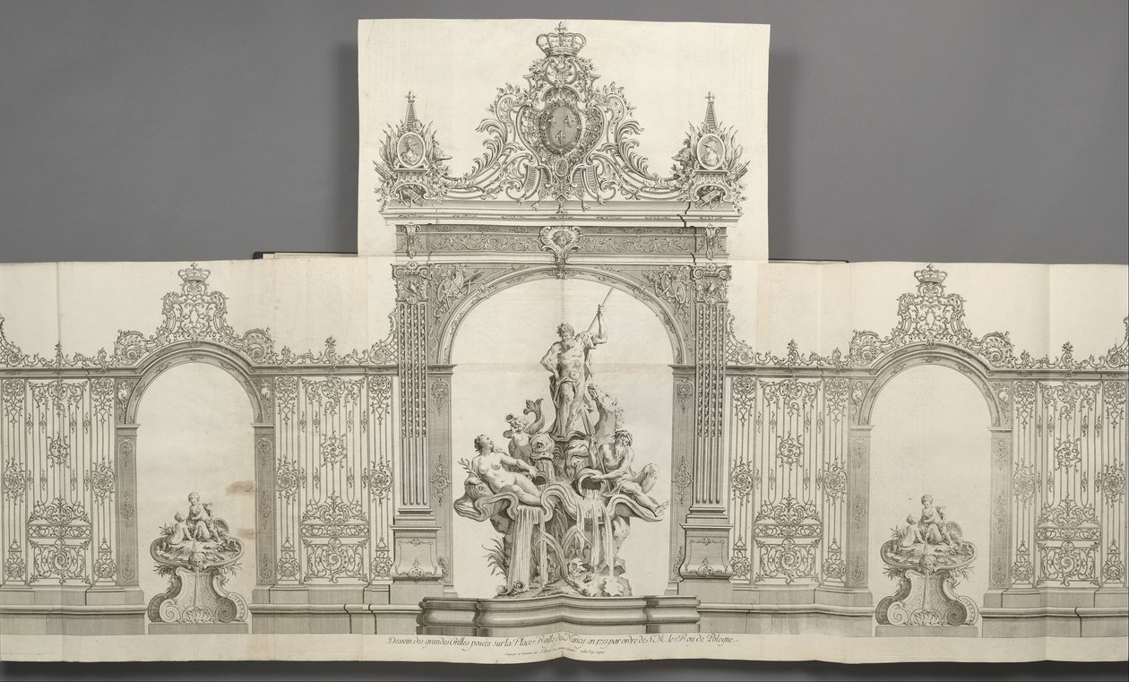 Dessein des Grandes Grilles geplaatst op de Place royale de Nancy in 1755 op bevel van S. M. le Roy door Jean Lamour
