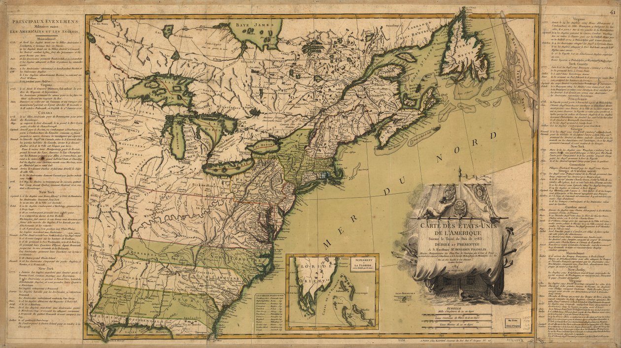 Kaart van de Verenigde Staten van Amerika volgens het Vredesverdrag van 1783. door Jean Lattré