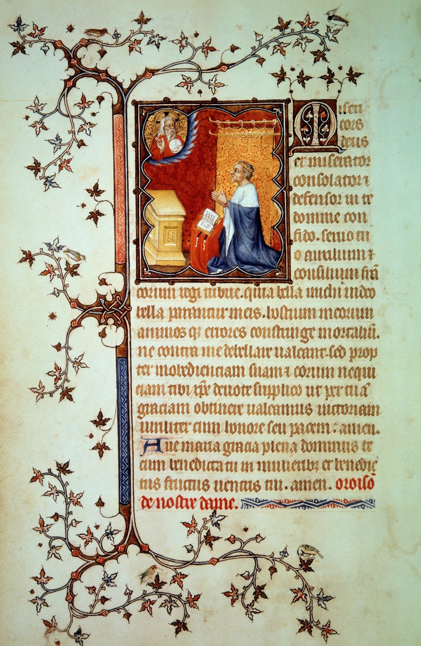Hertog Jan I van Berry (1340-1416) bidt voor God die hem zegent Miniatuur uit het manuscript 