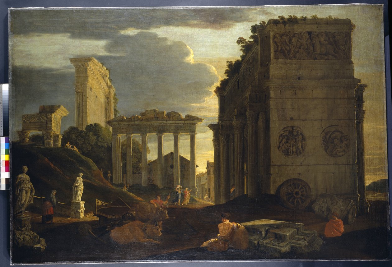 Capriccio uitzicht met figuren bij een triomfboog en de Tempels van Saturnus en Jupiter Tonans door Jean Lemaire