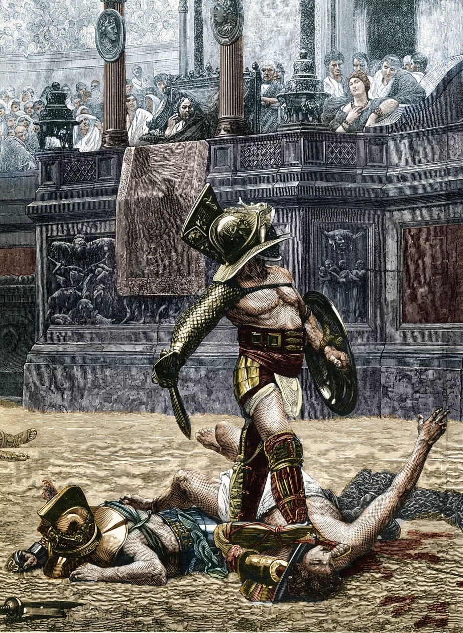 Gladiatoren in de Romeinse Arena. Toeschouwers waarschuwen de winnaar om zijn verslagen tegenstander niet te sparen en hem te doden. Gravure naar een detail van het schilderij door Jean Leon (Jean-Leon) Gerome (1824-1904) door Jean Leon (after) Gerome