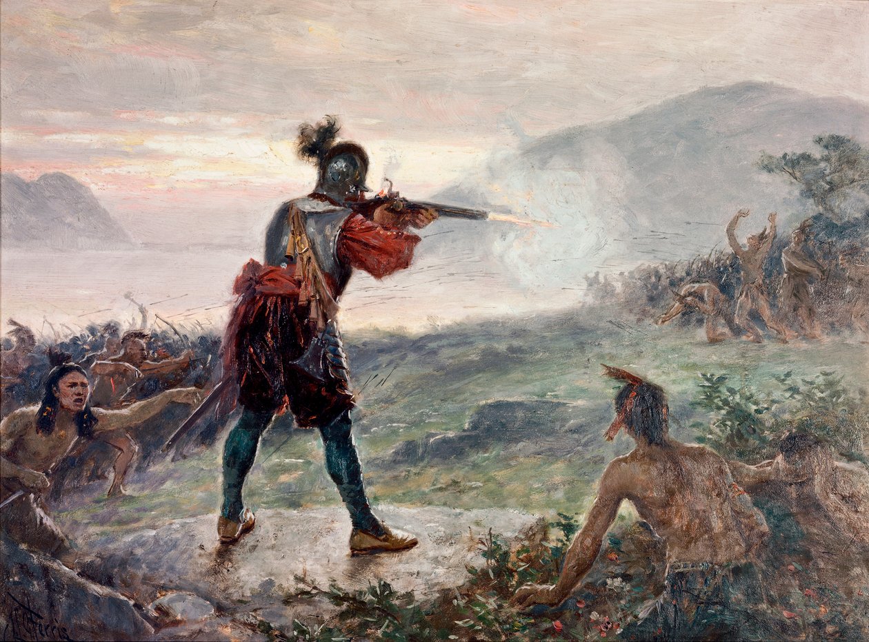 Slag bij het meer van Champlain, tussen de Irokezen en een coalitie van indianenstammen (Algonquin, Huron en Montagnais) gesteund door de Fransen, in 1609 - Schilderij van Jean Leon Gerome Ferris (1863-1930 ) door Jean Leon Gerome
