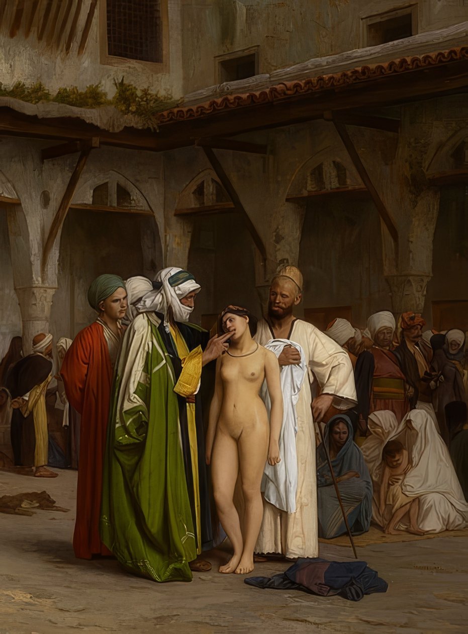 De slavenmarkt. Ca. 1867 door Jean Leon Gerome