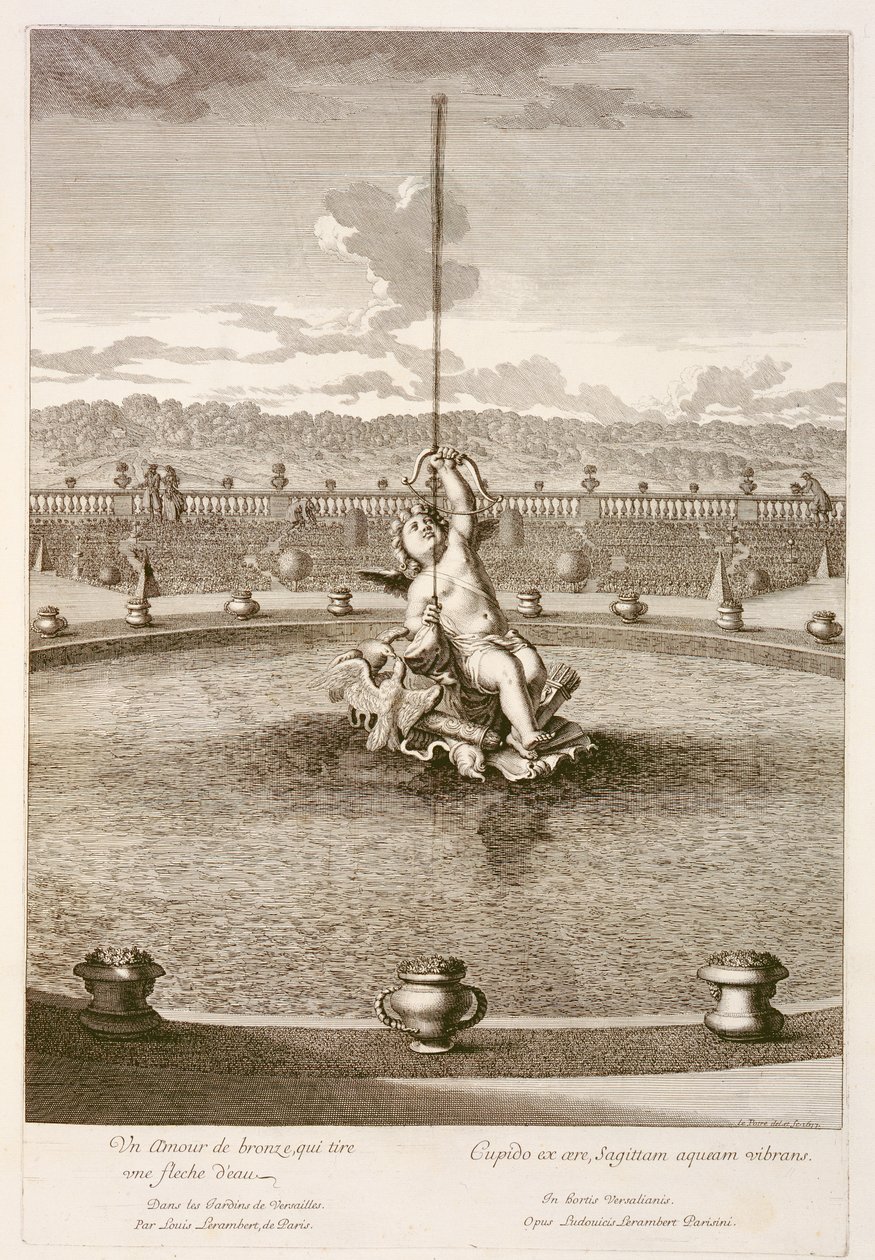 Fontein met cupido die een waterstraal pijl afvuurt, ontworpen door Louis Lerambert, in Versailles, 1677 door Jean Lepautre