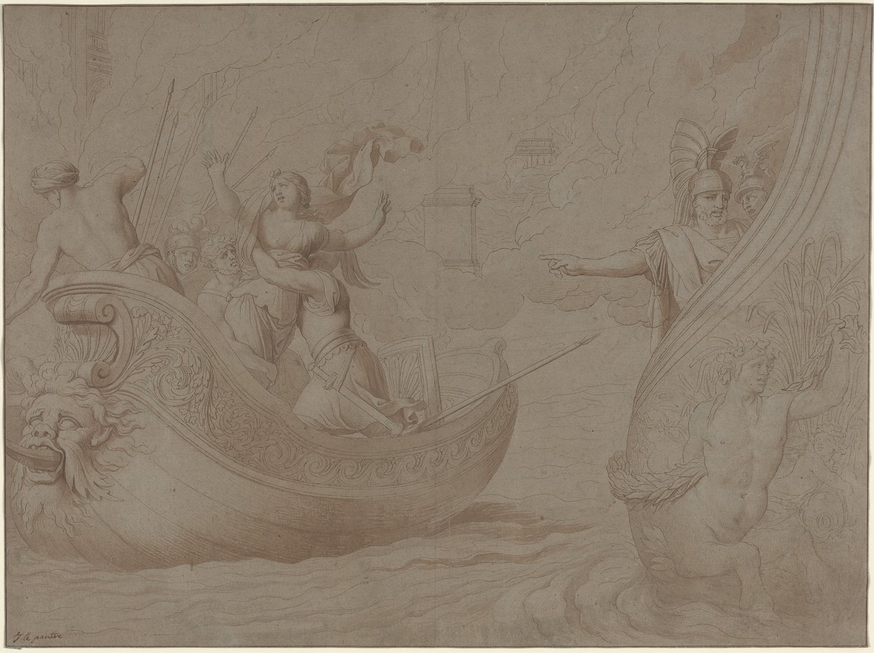 De ontvoering van Helena van Troje (pen en zwarte inkt met bruin gewassen op grijs, vergé papier) door Jean Lepautre