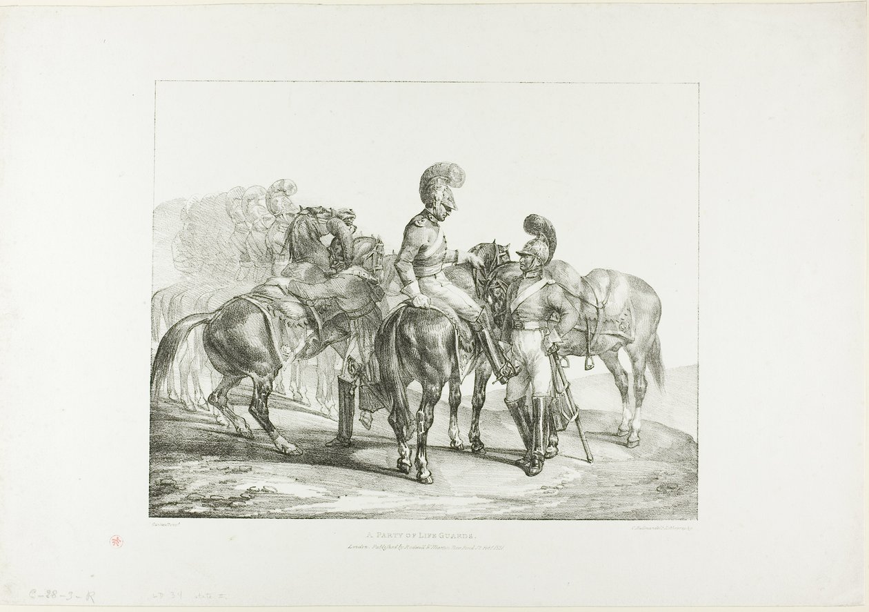 A Party of Life Guards, plaat 5 van Diverse onderwerpen Getekend van leven op steen door Jean Louis André Théodore Géricault