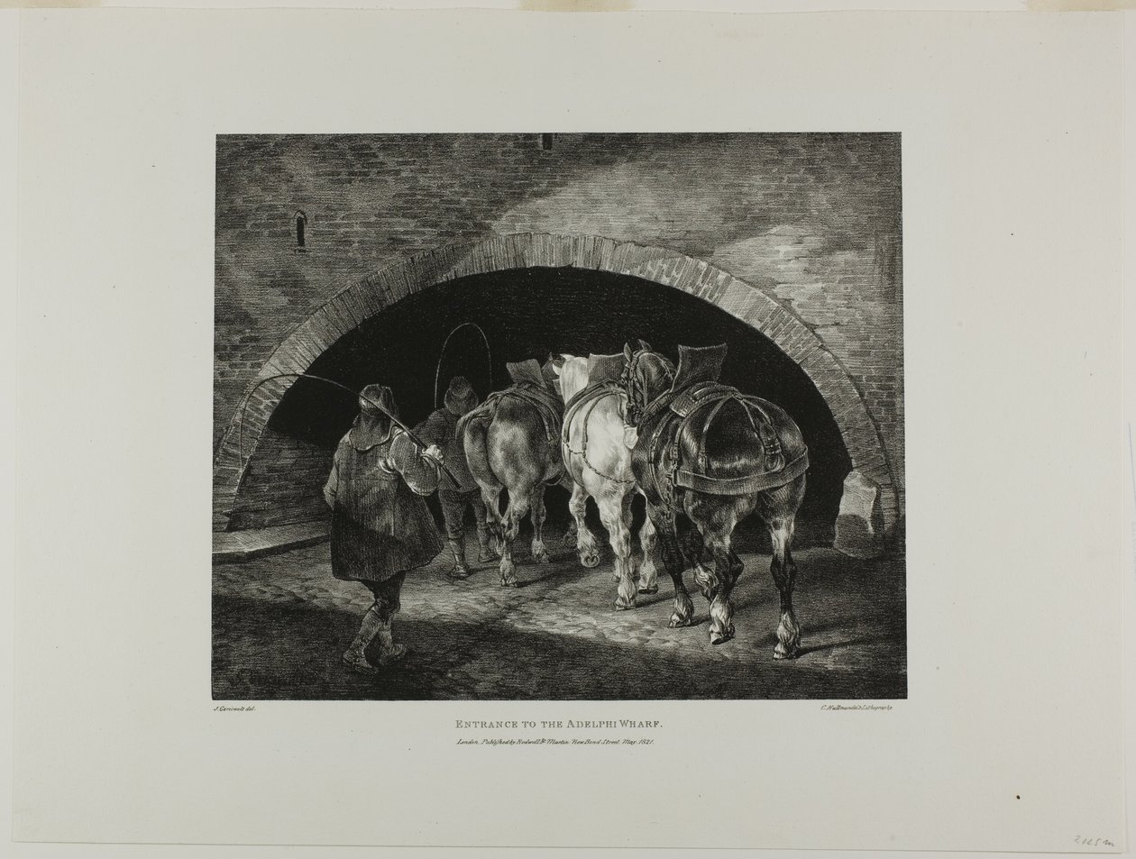 Ingang tot de Adelphi Wharf, plaat 11 uit Various Subjects Drawn from Life and on Stone (De Engelse Suite) door Jean Louis André Théodore Géricault