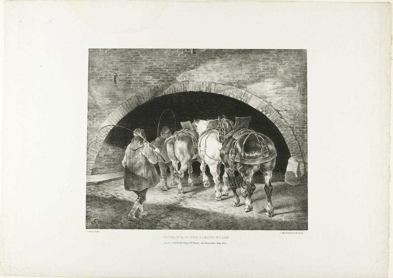 Ingang tot de Adelphi Wharf, plaat 11 uit Various Subjects Drawn from Life on Stone door Jean Louis André Théodore Géricault