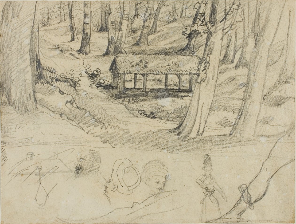 Bosinterieur met rieten hut en andere schetsen door Jean Louis André Théodore Géricault