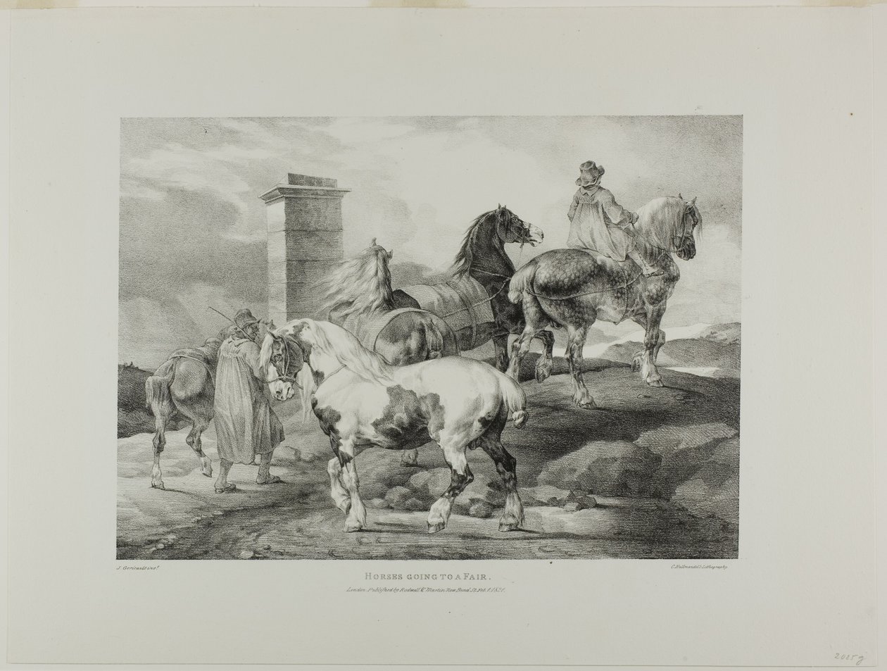 Paarden die naar een kermis gaan, plaat 3 uit diverse onderwerpen getekend uit het leven en op steen (De Engelse Suite) door Jean Louis André Théodore Géricault