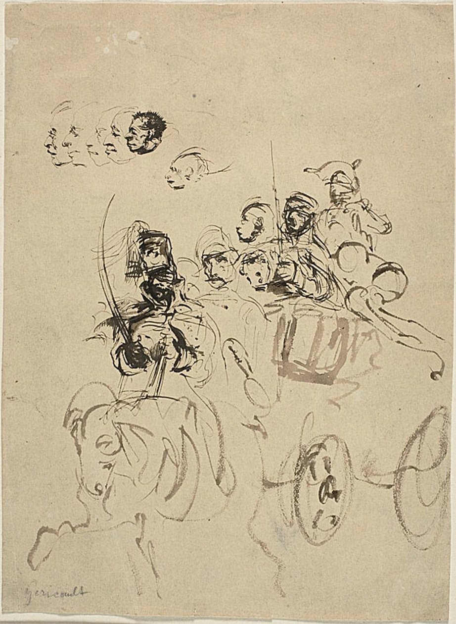 Napoleontische legerkoets met schetsen van hoofden door Jean Louis André Théodore Géricault
