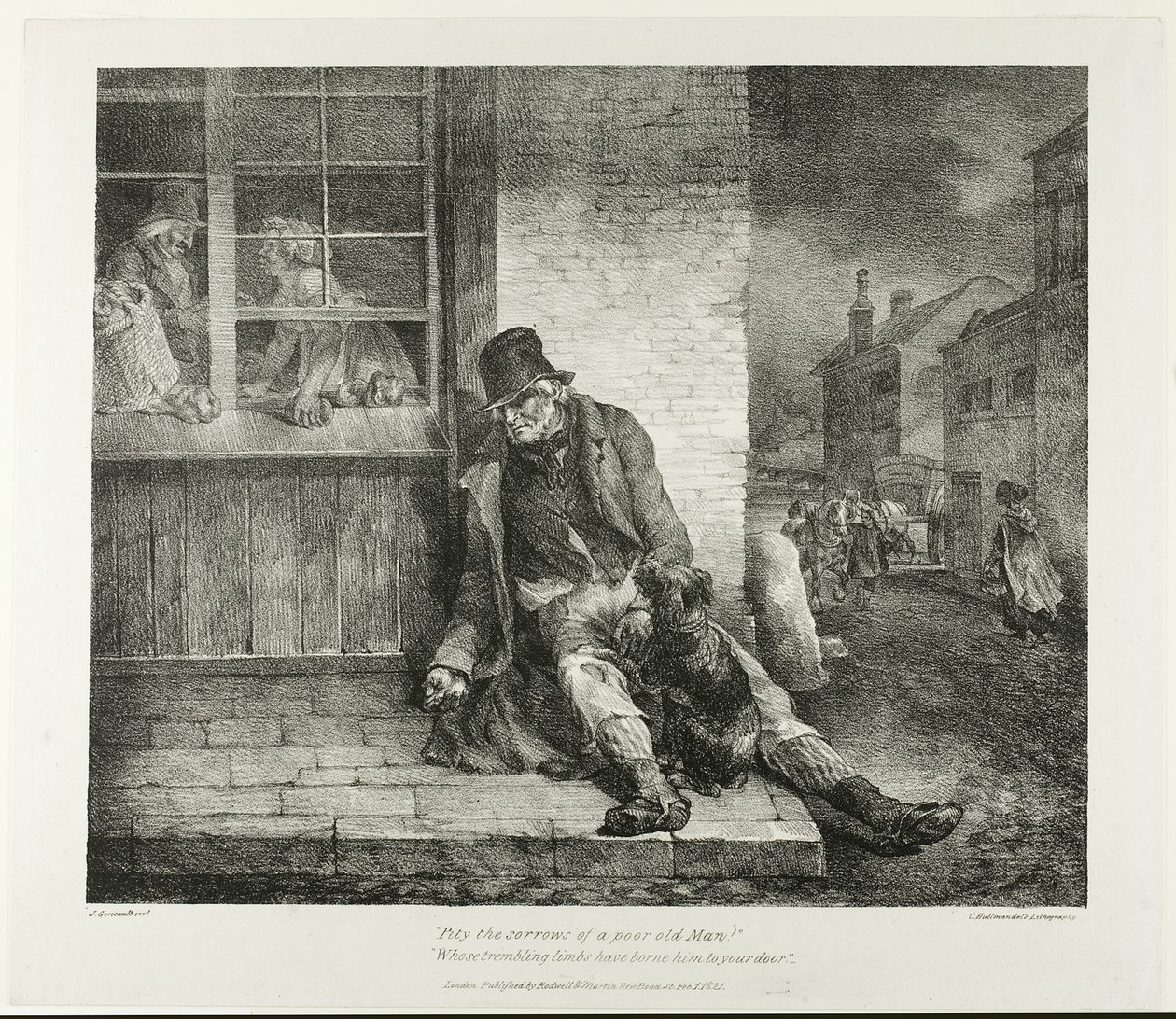 Heb medelijden met het leed van een arme oude man!... plaat 2 van diverse onderwerpen getekend uit het leven op steen door Jean Louis André Théodore Géricault