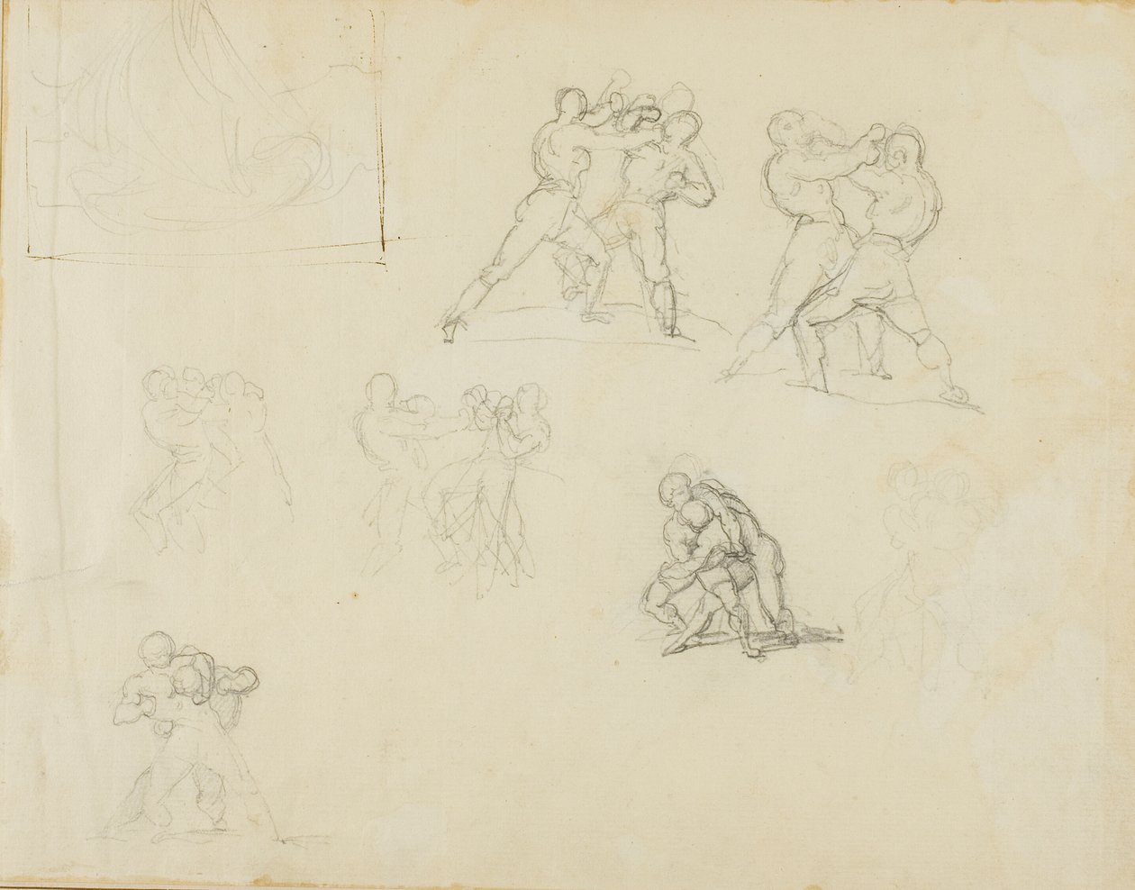 Zeven schetsen van paren boksers of worstelaars door Jean Louis André Théodore Géricault