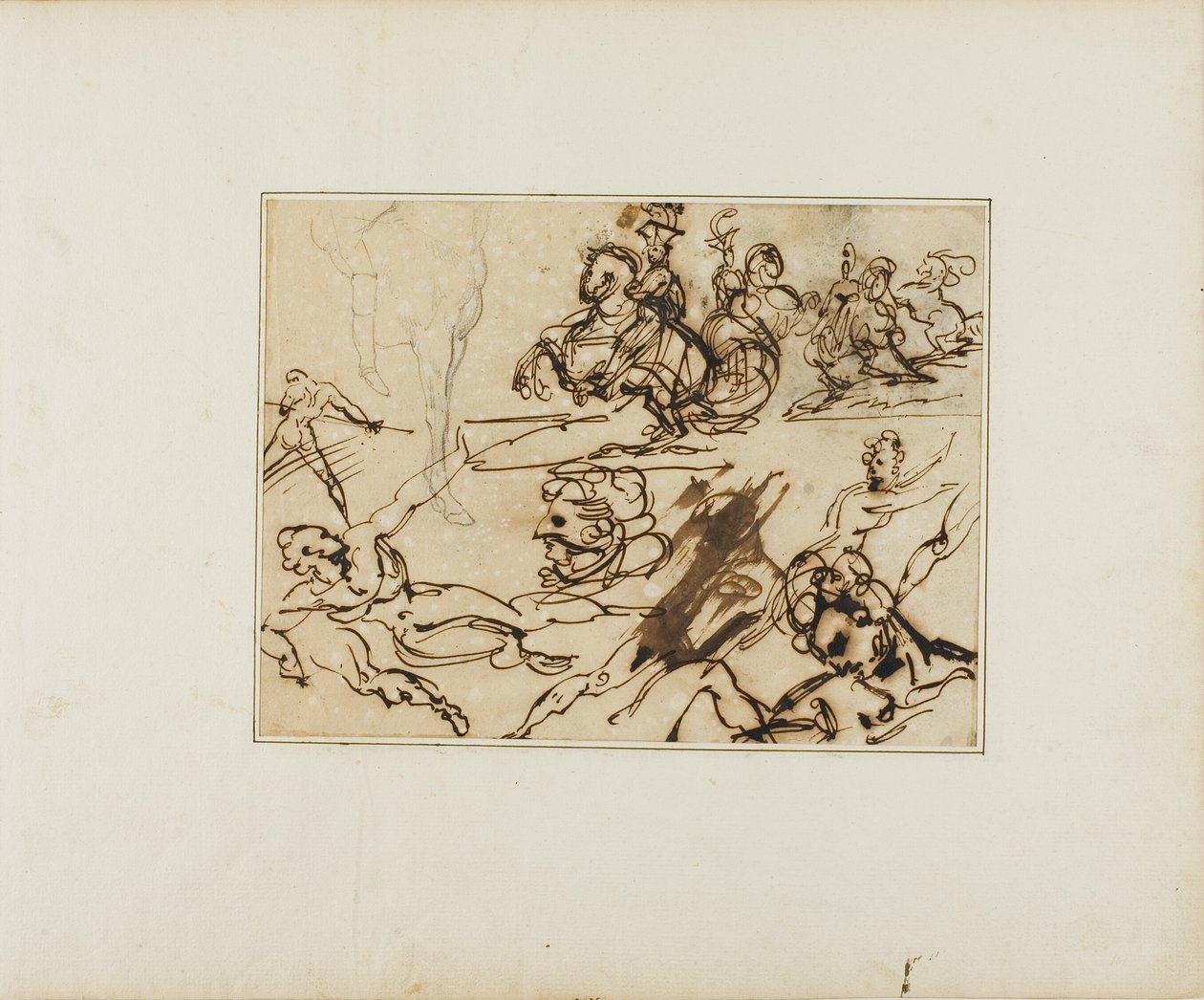 Blad met schetsen: Lansiers, Spartelende naakten, Andere onderwerpen door Jean Louis André Théodore Géricault