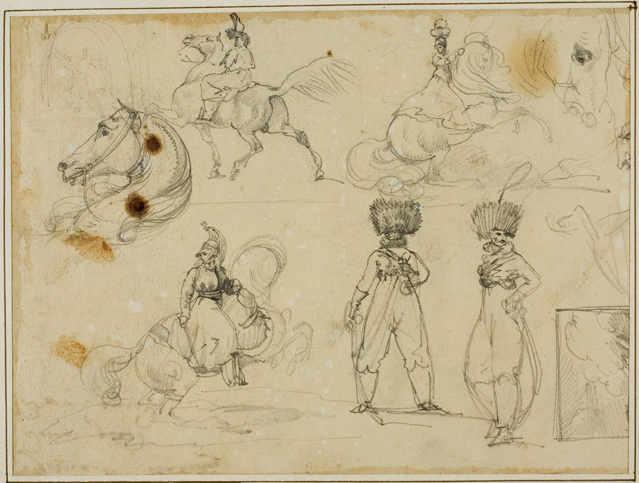Blad met schetsen: Soldaten, paarden en een landschap door Jean Louis André Théodore Géricault