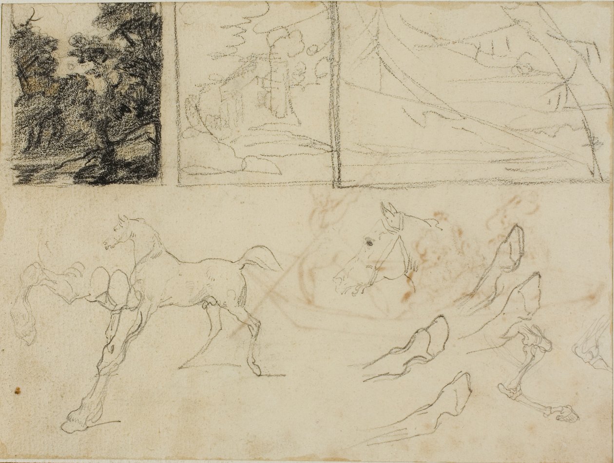 Blad met schetsen: drie landschappen, paarden en hoeven door Jean Louis André Théodore Géricault