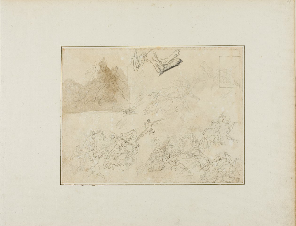 Schetsen voor een cavalerieslag; de achterpoten van een hond door Jean Louis André Théodore Géricault