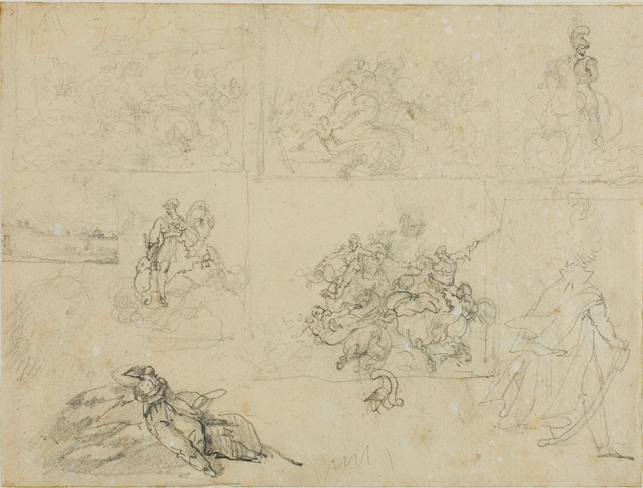Schetsen van een cavalerieslag, soldaten en een landschap door Jean Louis André Théodore Géricault