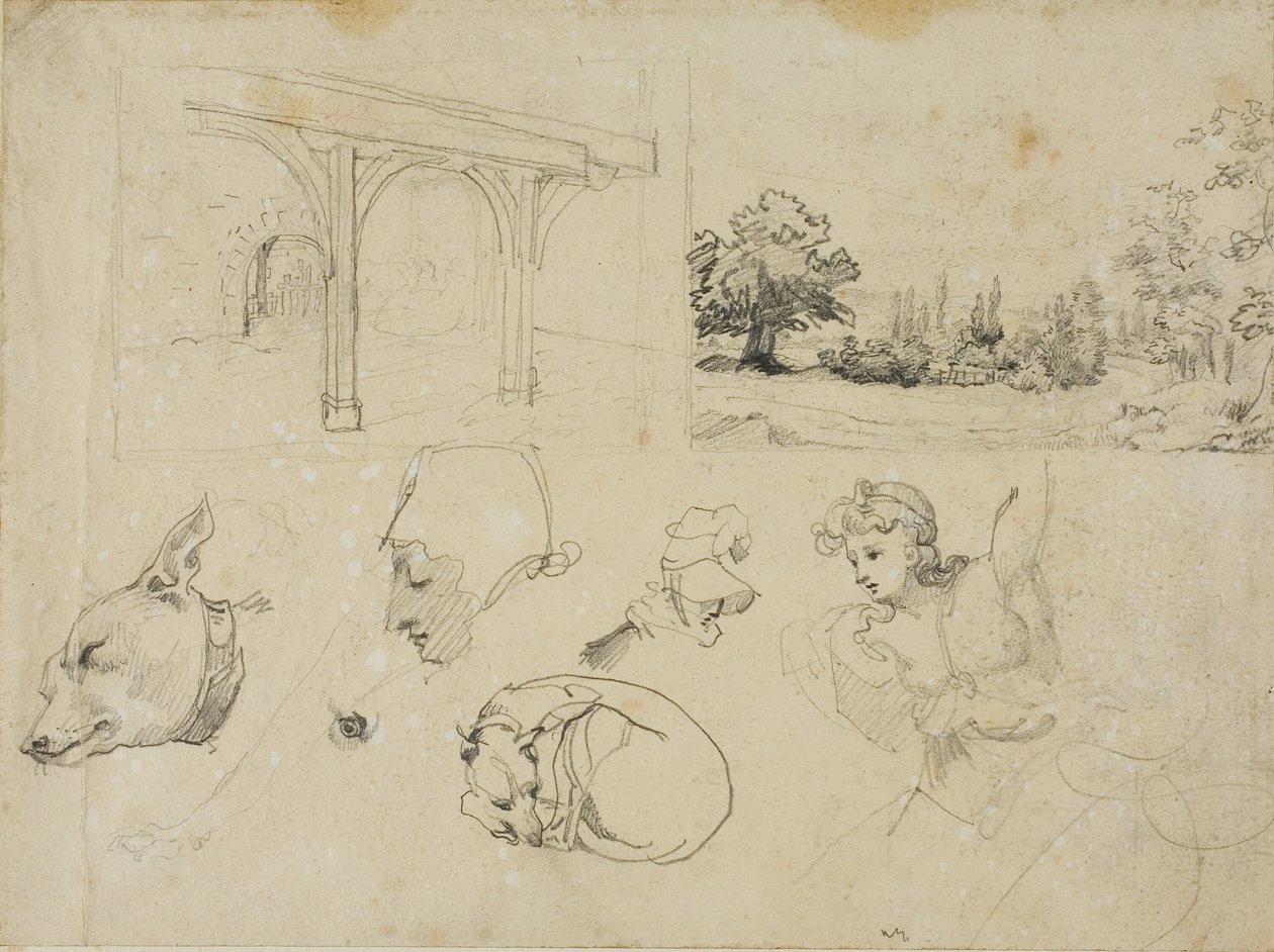 Schetsen van een schuurtje, een landschap, honden en verschillende figuren door Jean Louis André Théodore Géricault