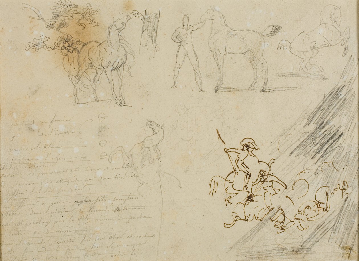 Schetsen van paarden, bruidegom die paard vasthoudt, een cavalerieslag door Jean Louis André Théodore Géricault
