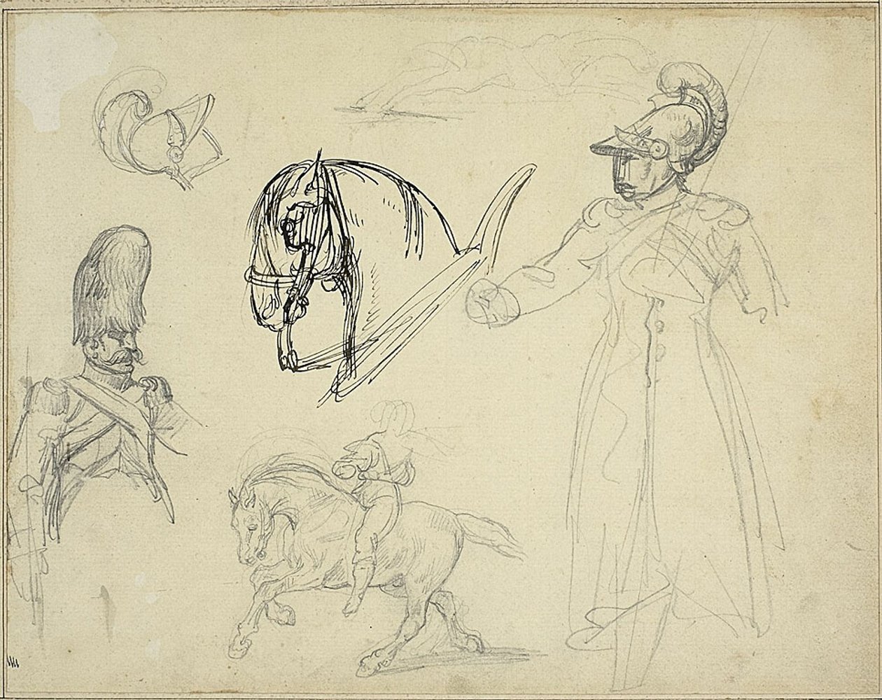 Schetsen van paarden en soldaten door Jean Louis André Théodore Géricault