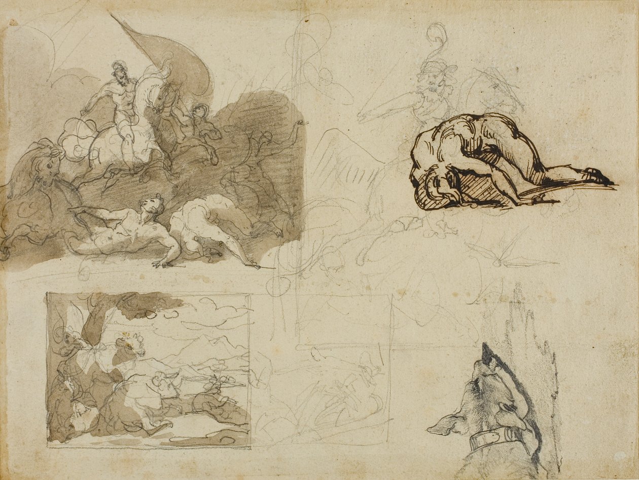 Schetsen van een cavalerieslag, een landschap met koeien en andere composities door Jean Louis André Théodore Géricault