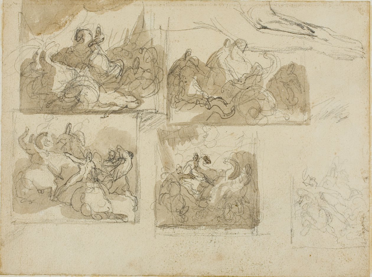 Schetsen van een cavalerieslag en de voorpoten van een hond door Jean Louis André Théodore Géricault