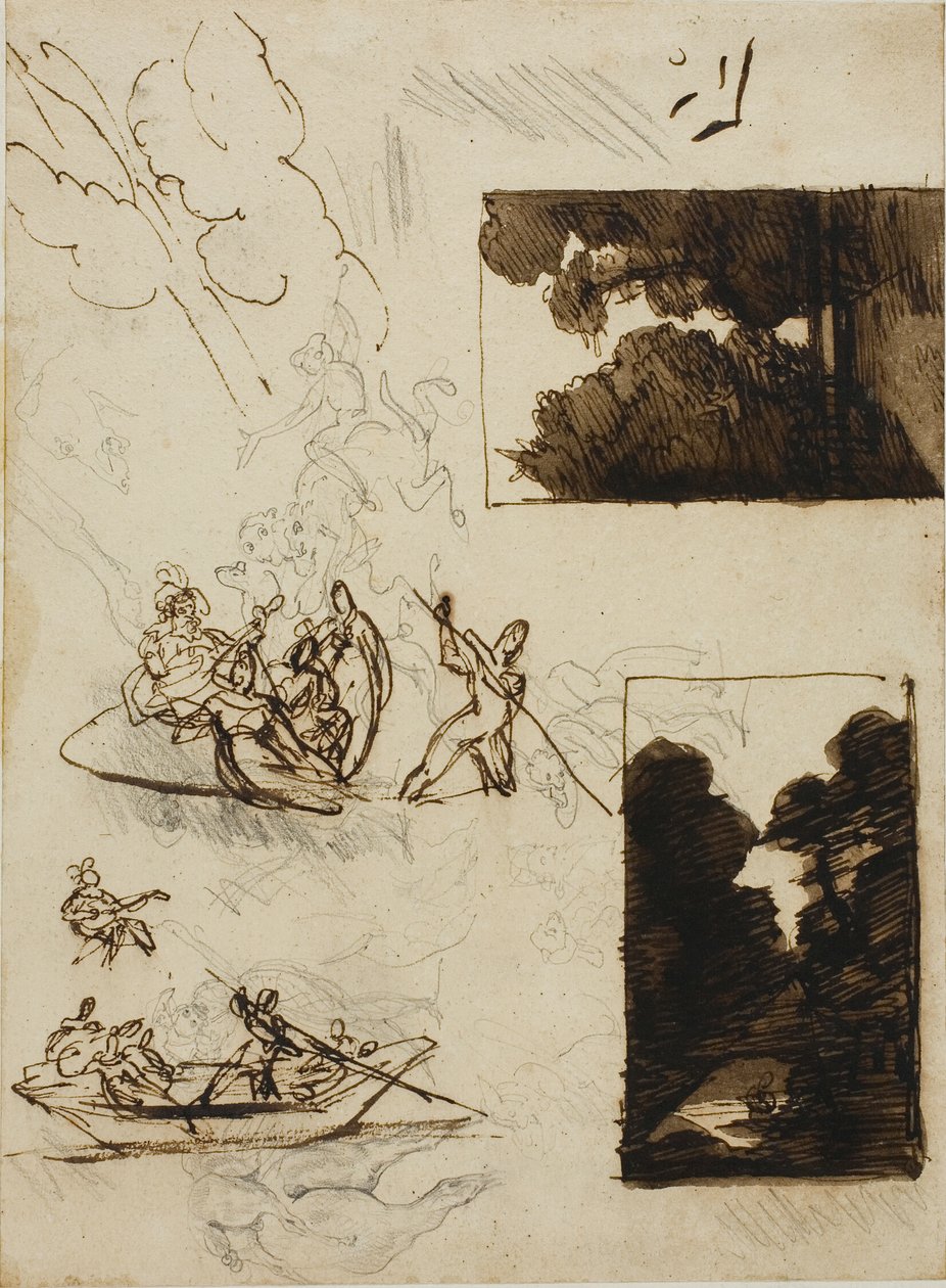 Schetsen van een bospad en een muzikaal bootfeest door Jean Louis André Théodore Géricault