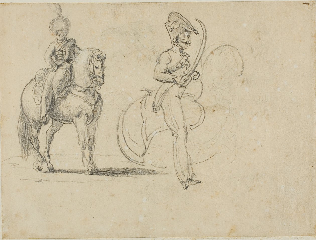 Schetsen van een bereden Chasseru en een cavalerieofficier met getrokken sabel door Jean Louis André Théodore Géricault