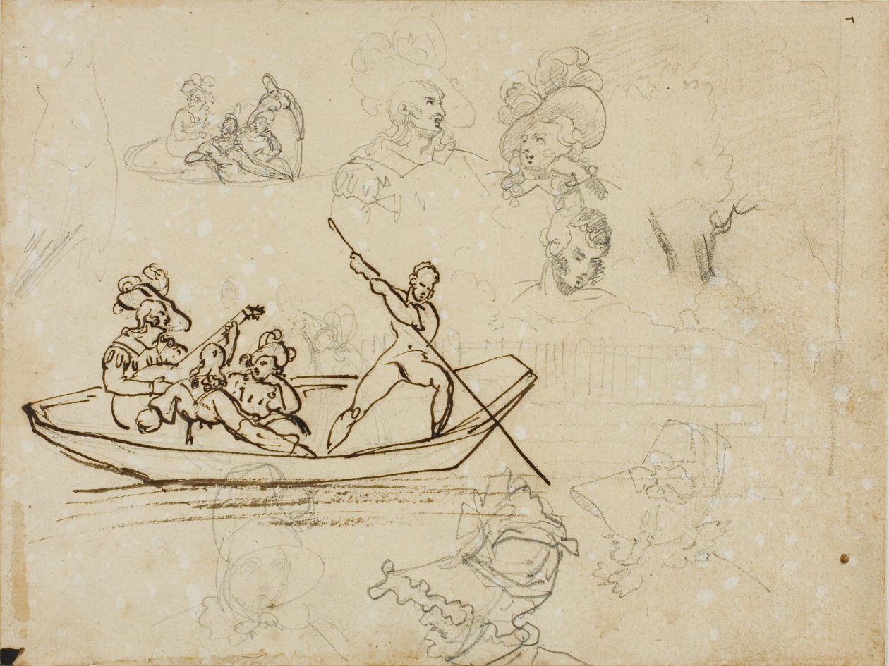 Schetsen van een muzikaal bootfeest en van een vrouw met een hoge hoed door Jean Louis André Théodore Géricault