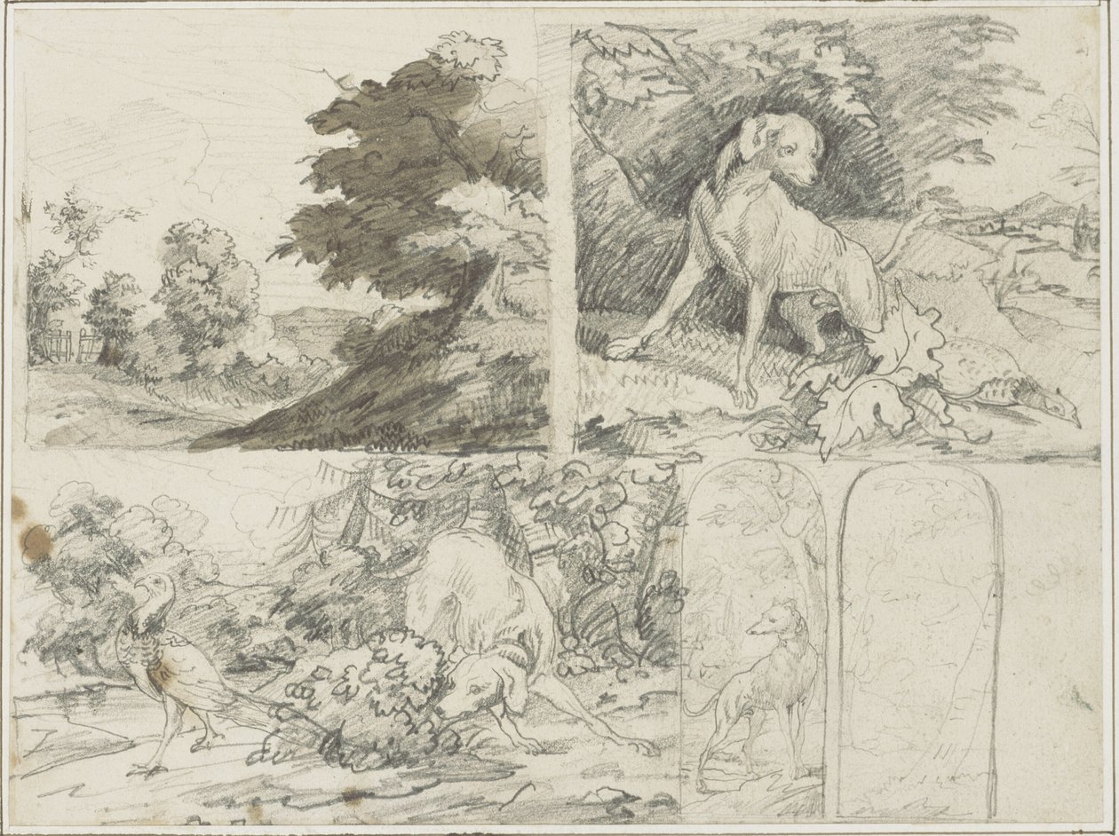 Schetsen van een bosrijke omgeving, Honden en fazanten in een landschap door Jean Louis André Théodore Géricault