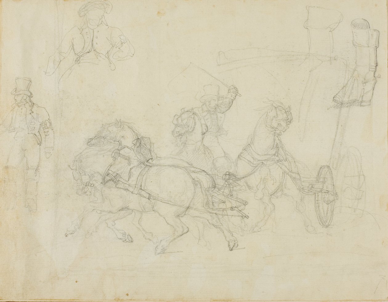 De postkoets getrokken door vijf paarden en andere schetsen door Jean Louis André Théodore Géricault