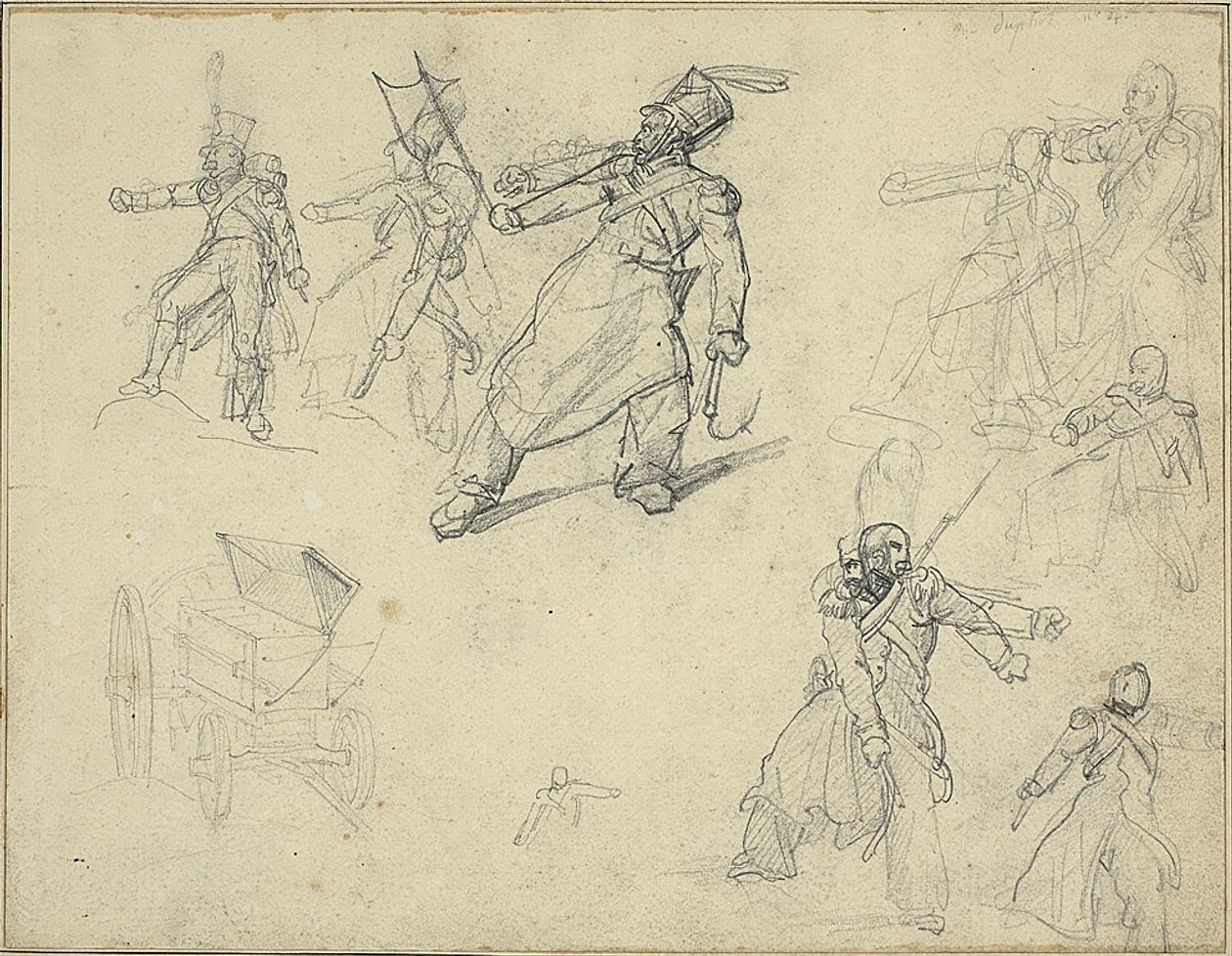 Studies van een grenadier en een munitiekar door Jean Louis André Théodore Géricault