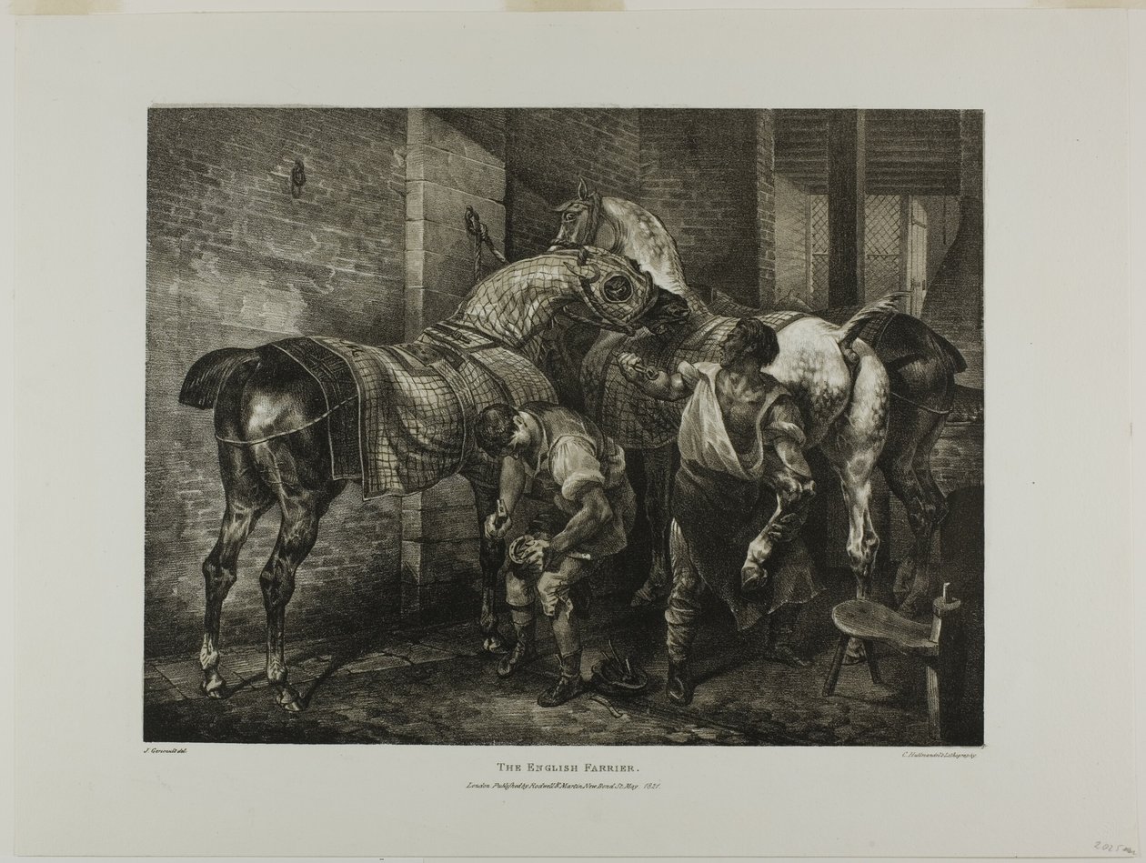 De Engelse hoefsmid, plaat 10 uit Diverse onderwerpen Getekend uit het leven en op steen (De Engelse suite) door Jean Louis André Théodore Géricault