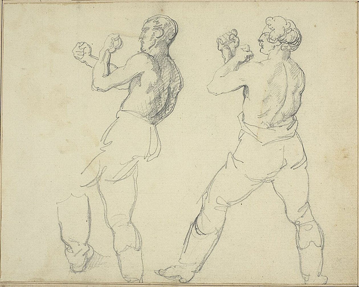 Twee boksers naar links door Jean Louis André Théodore Géricault