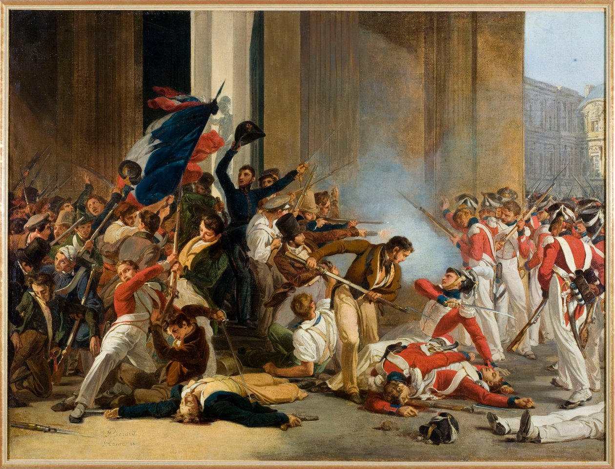 Frans: Inname van het Louvre, 29 juli 1830; bloedbad van de Zwitserse Garde door Jean Louis Bezard