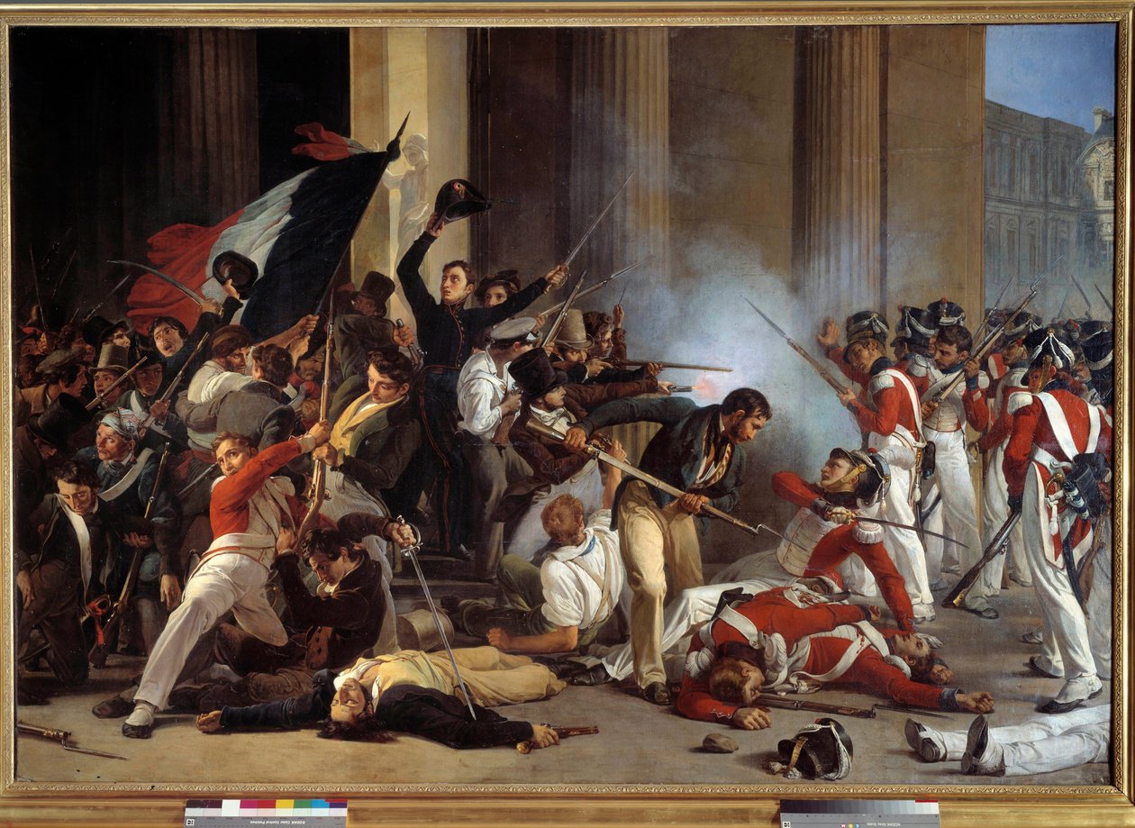 Revolutie van 1830: Tijdens de Drie Glorieuze Dagen, inname van het Louvre op 29/07/1830 en het bloedbad van de Zwitserse gardes. Schilderij door Jean Louis Bezard. 1830. Parijs, Musée Carnavalet door Jean Louis Bezard