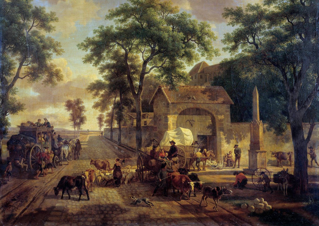 Landschap met boerenkar, kuddes en herders door Jean Louis Demarne