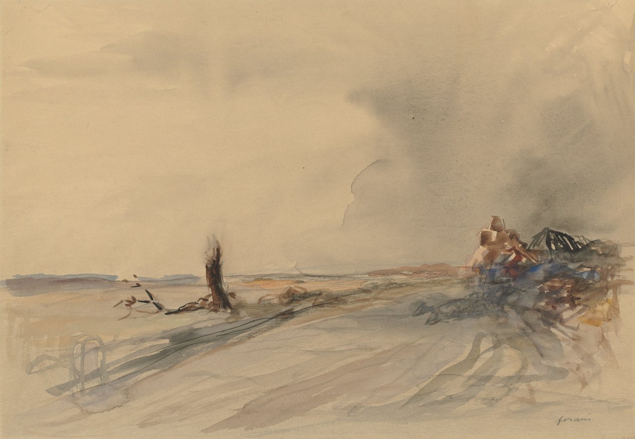 Verwoest land, figuren in een landschap ca. 1919 (grijs gewassen, aquarel en gouache) door Jean Louis Forain