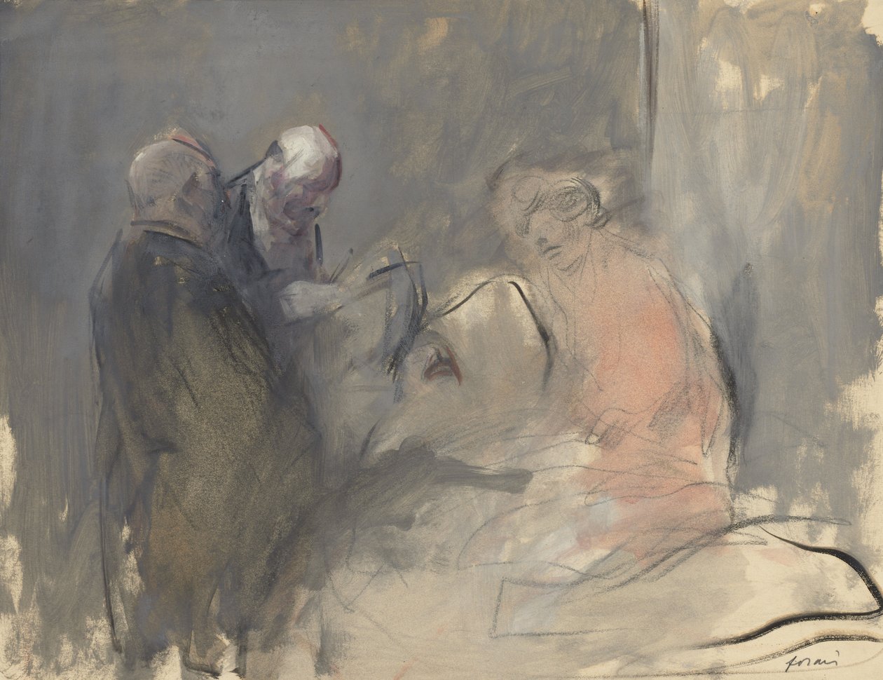 In het ziekenhuis recto Schets voor In het ziekenhuis verso door Jean Louis Forain