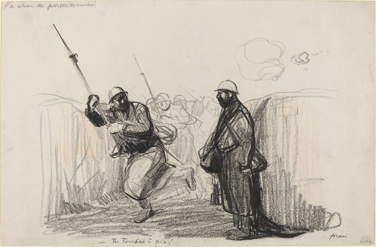De terugkeer van de verlofganger. -Je komt precies op tijd!, ca. 1914-1919 door Jean Louis Forain