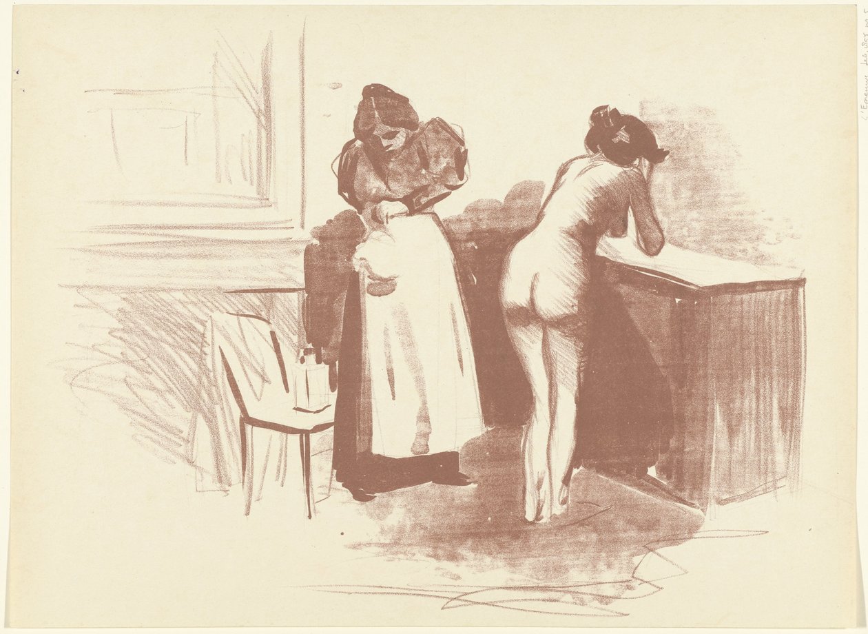 Naakte vrouw wast zich en bediende staat naast haar door Jean Louis Forain