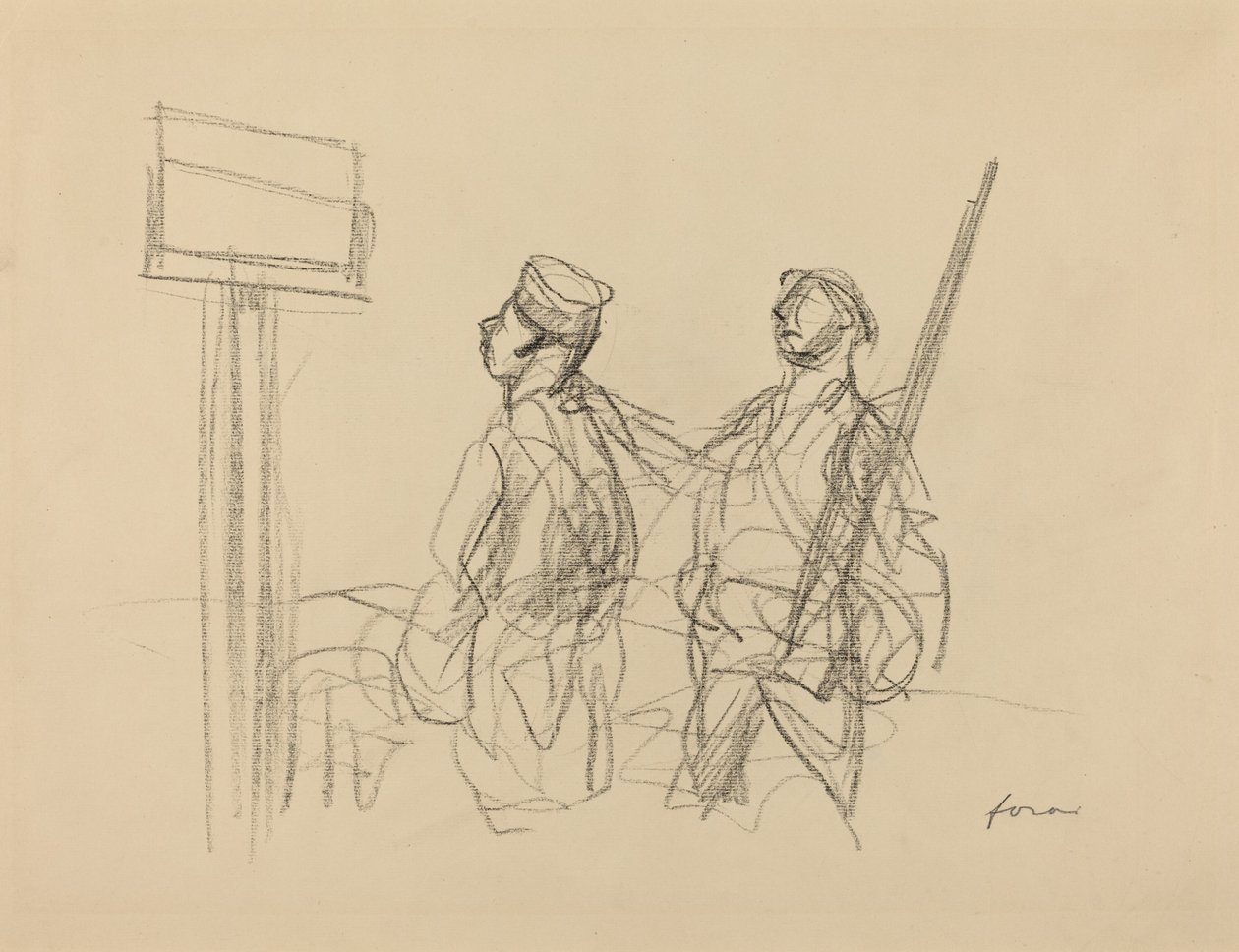 Twee soldaten kijken naar een plakkaat, waarschijnlijk 1918 door Jean Louis Forain