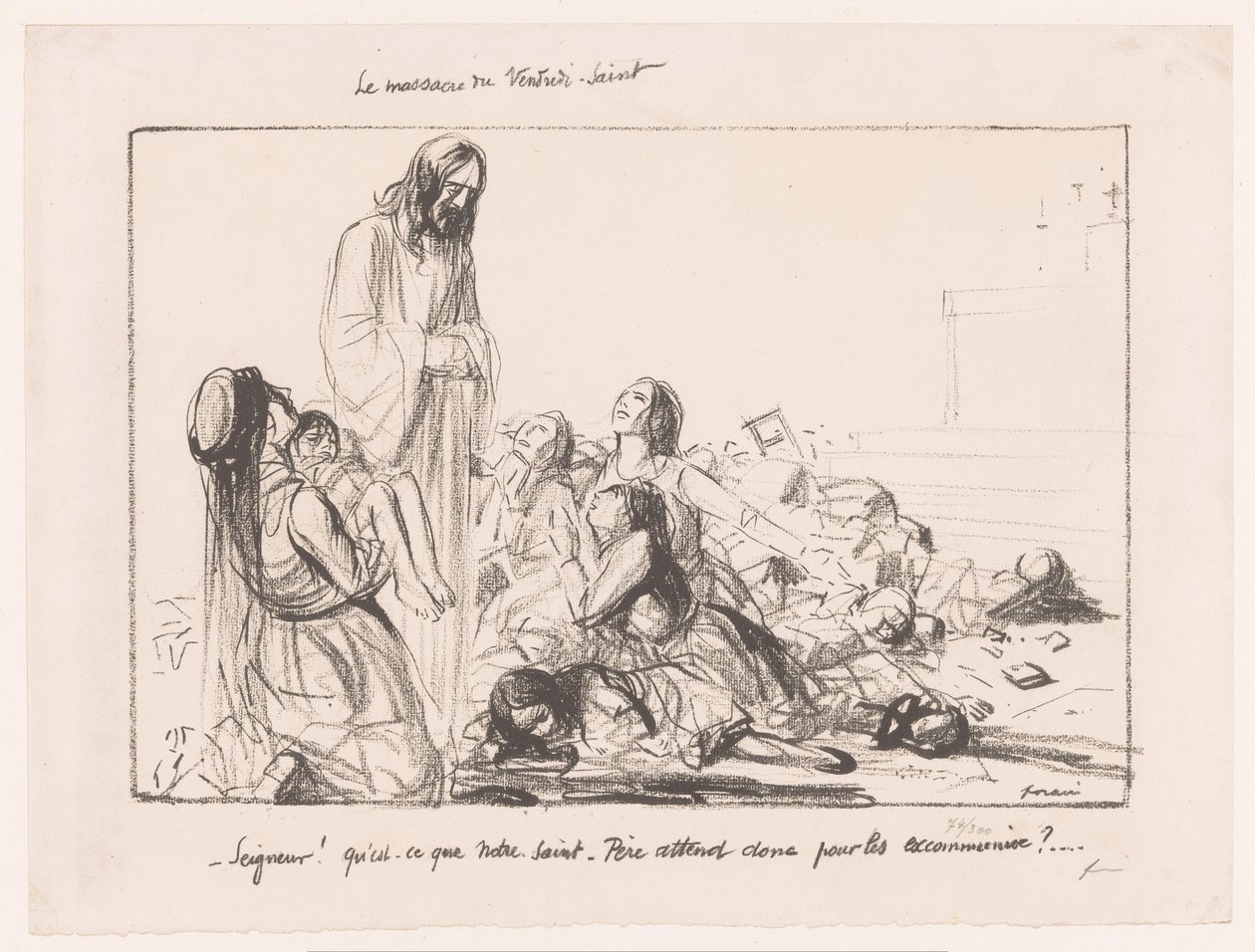 Vrouwen in gebombardeerde kerk klagen Christus aan door Jean Louis Forain