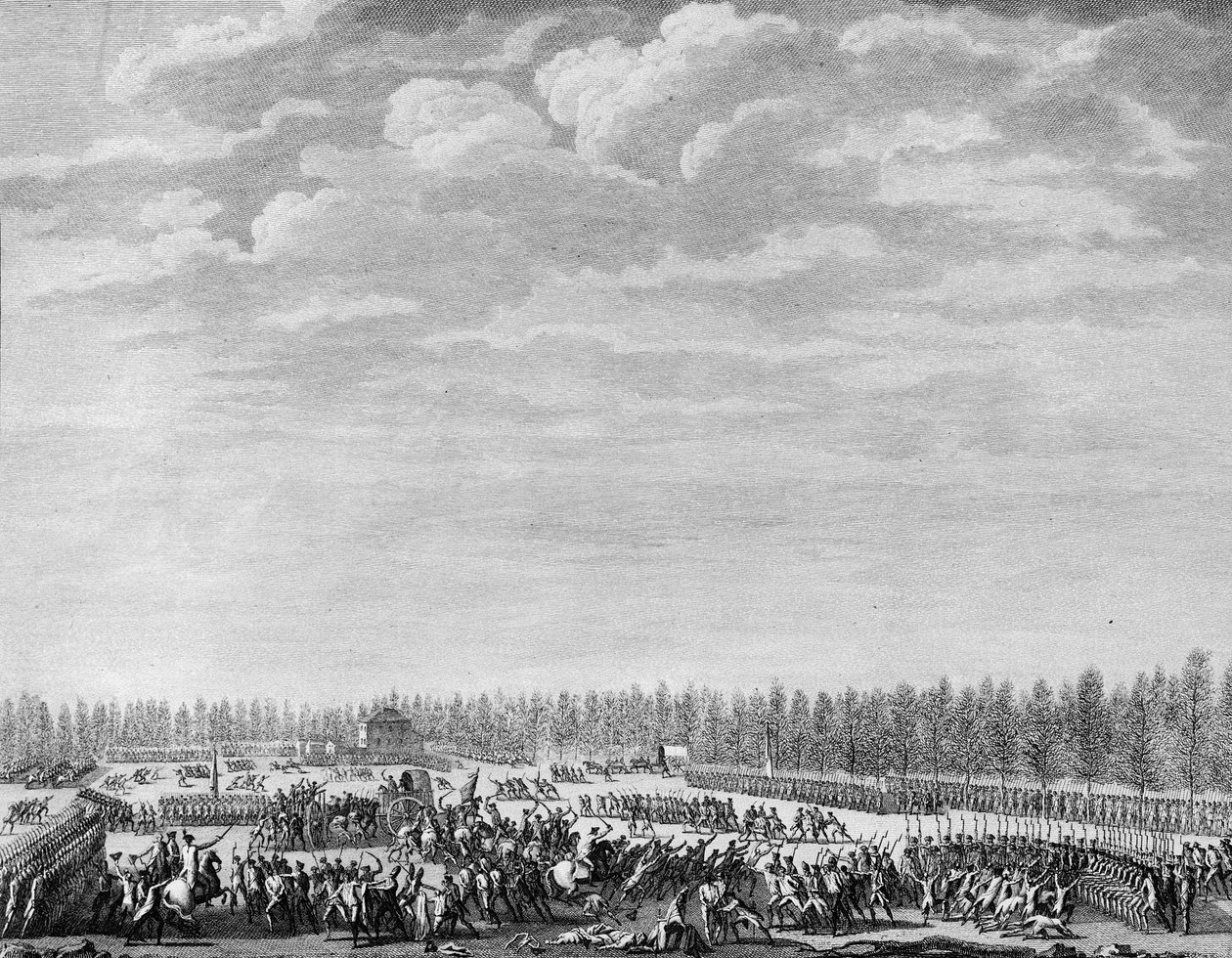 Franse Revolutie: Gilbert du Motier, Markies de la Fayette, liet tweehonderd soldaten ontwapenen wegens indiscipline op de Champs Elysees in Parijs op 12 januari 1790. Gravure door Berthaut naar Prior door Jean Louis II (after) Prieur